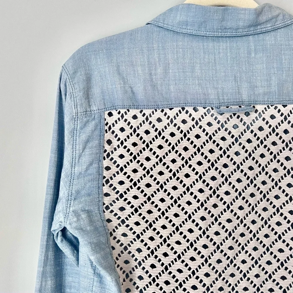 Free People Chambray Crochet Lace Back Button Down Shirt | Boho Blue | Size S